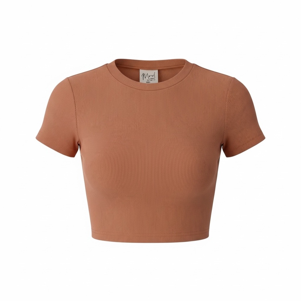 Mood Women’s Medium Salmon Pink Ribbed Fitted Crop Top Short Sleeve Baby Tee